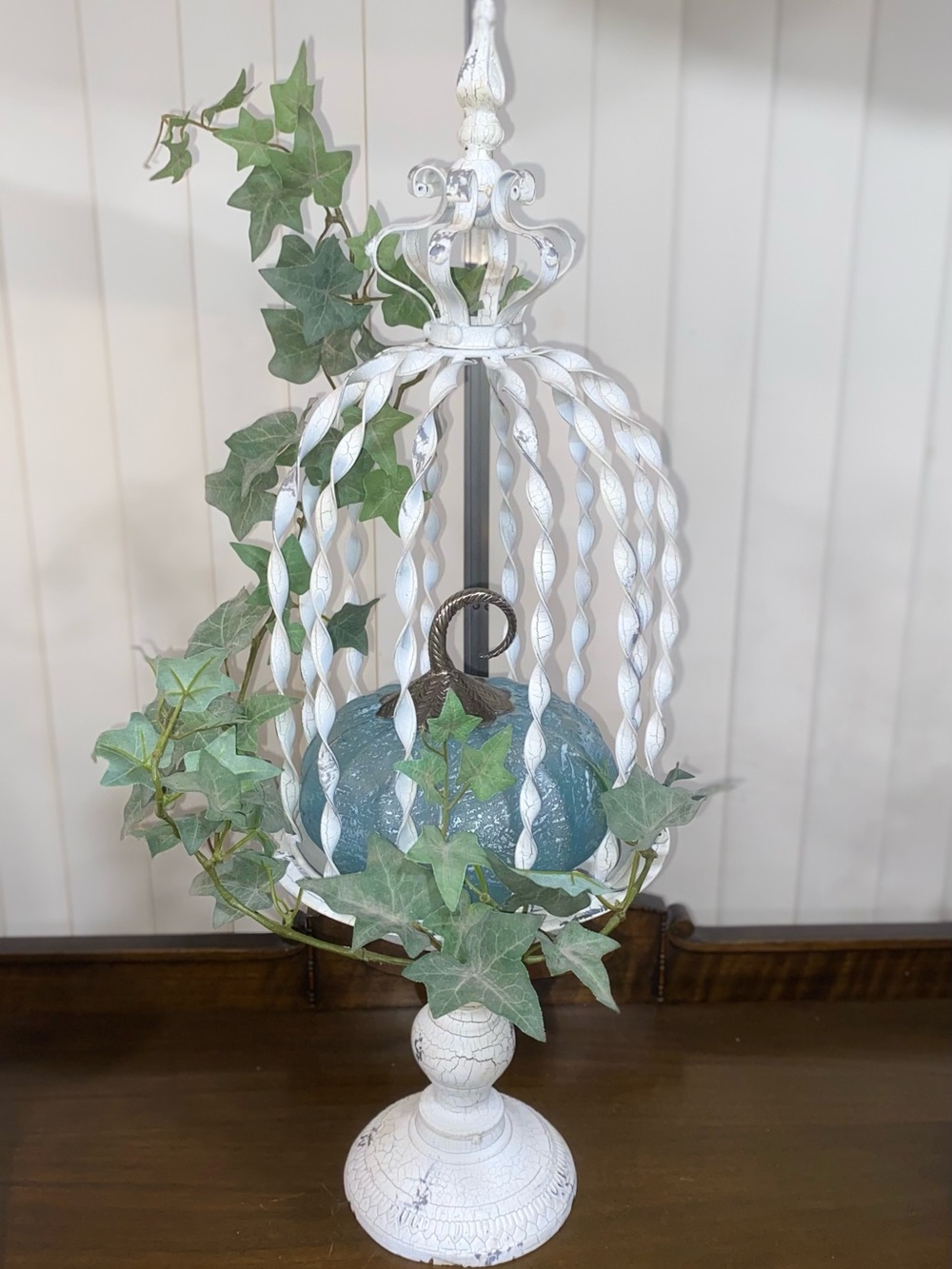Decorative Distressed Tall White Pedestal Birdcage